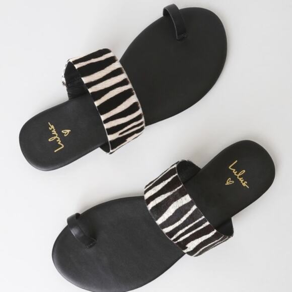 Lulus Tessa Black Zebra Calf Hair Toe-Loop Sandals - Picture 2 of 4